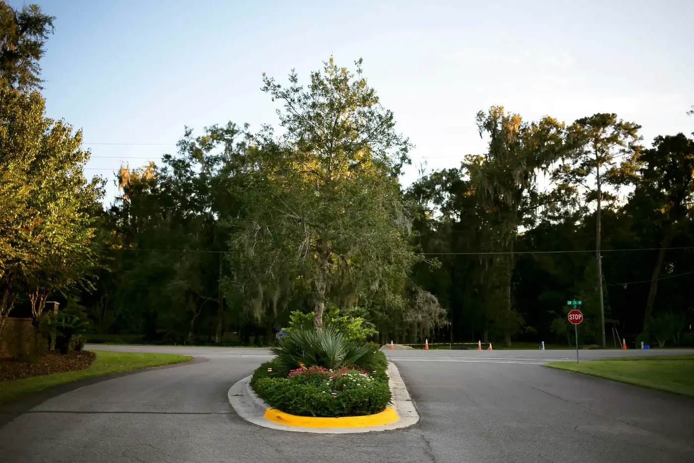 Planted cul-de-sac island under live oaks