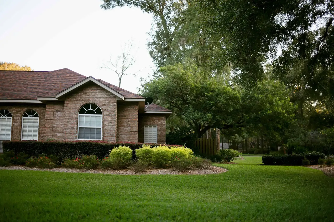 Brick home with a healthy lawn and foundation shrubs