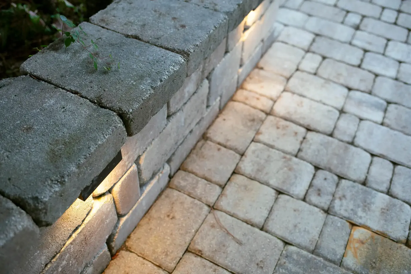 Close view of paver steps with recessed step lights
