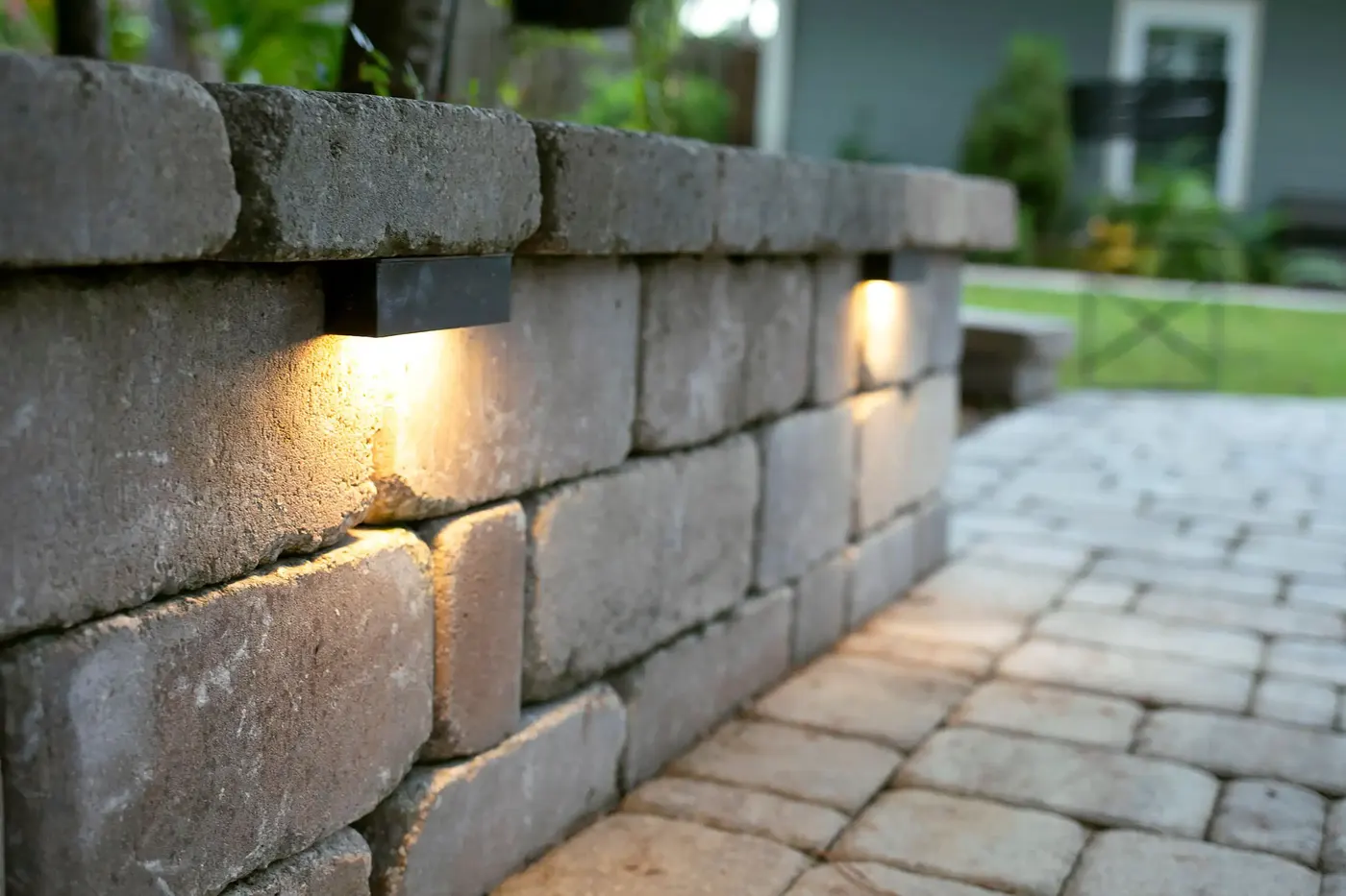 Close view of a seating wall light glowing on stacked stone